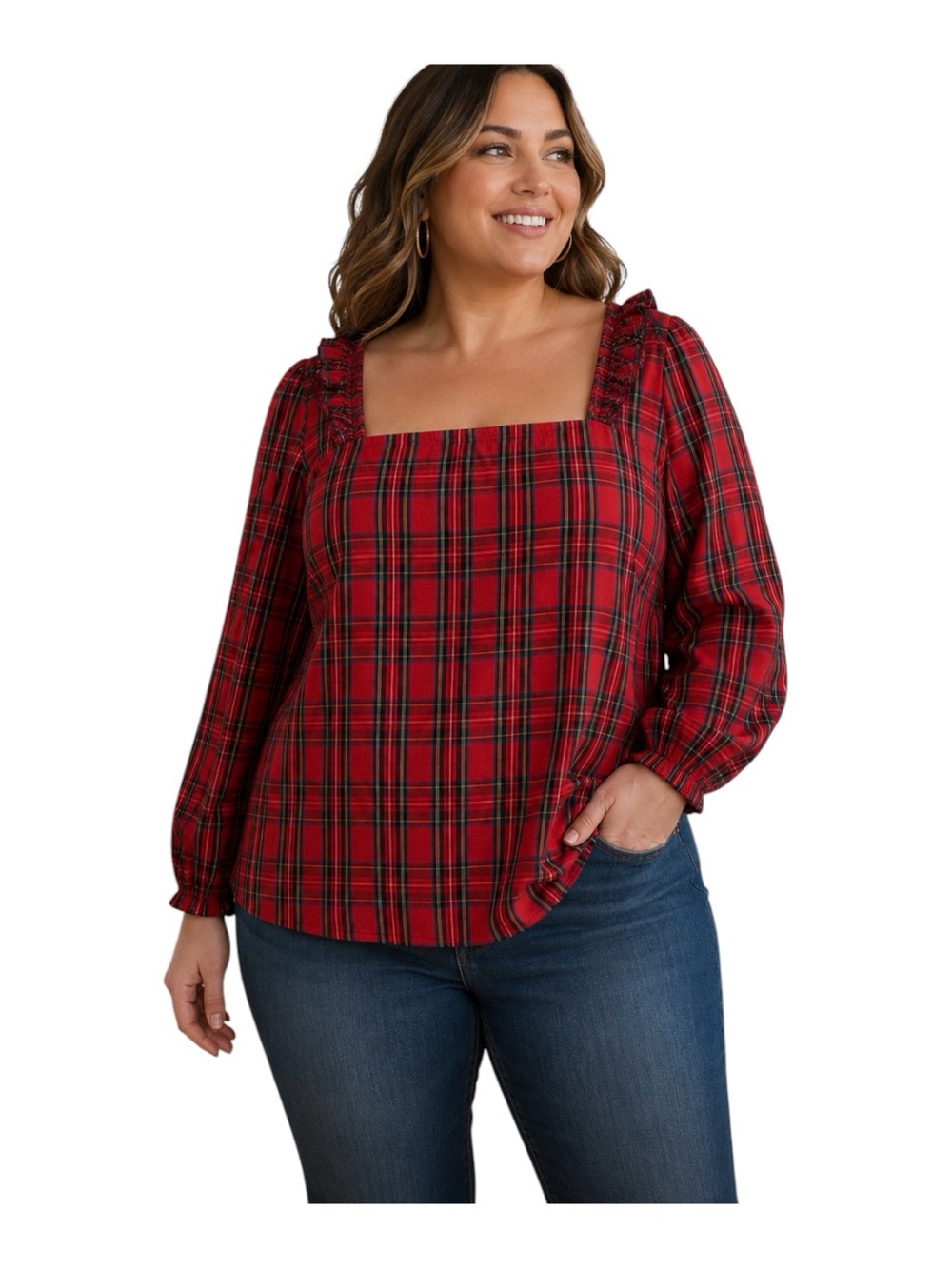 J. Crew Factory Red Plaid Cotton Poplin Square Neck Top Size XXL New Long Sleeve
